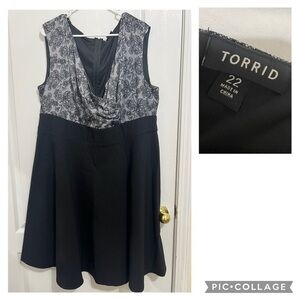 Torrid Lace Print Sleeveless Fit & Flare Floral V Neck Black Gray Dress size 22